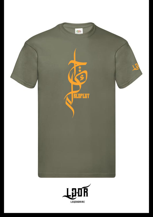 T-shirt " Respect " en Calligraphie Arabe (Vert Kaki/ Orange)